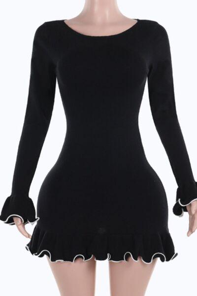 Contrast Trim Long Sleeve Mini Dress - Clothes For Her Online Store