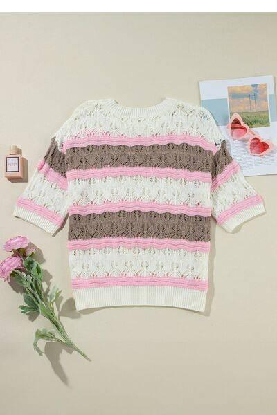 Color Block Openwork Half Sleeve Sweater - Clothes For Her Online Store