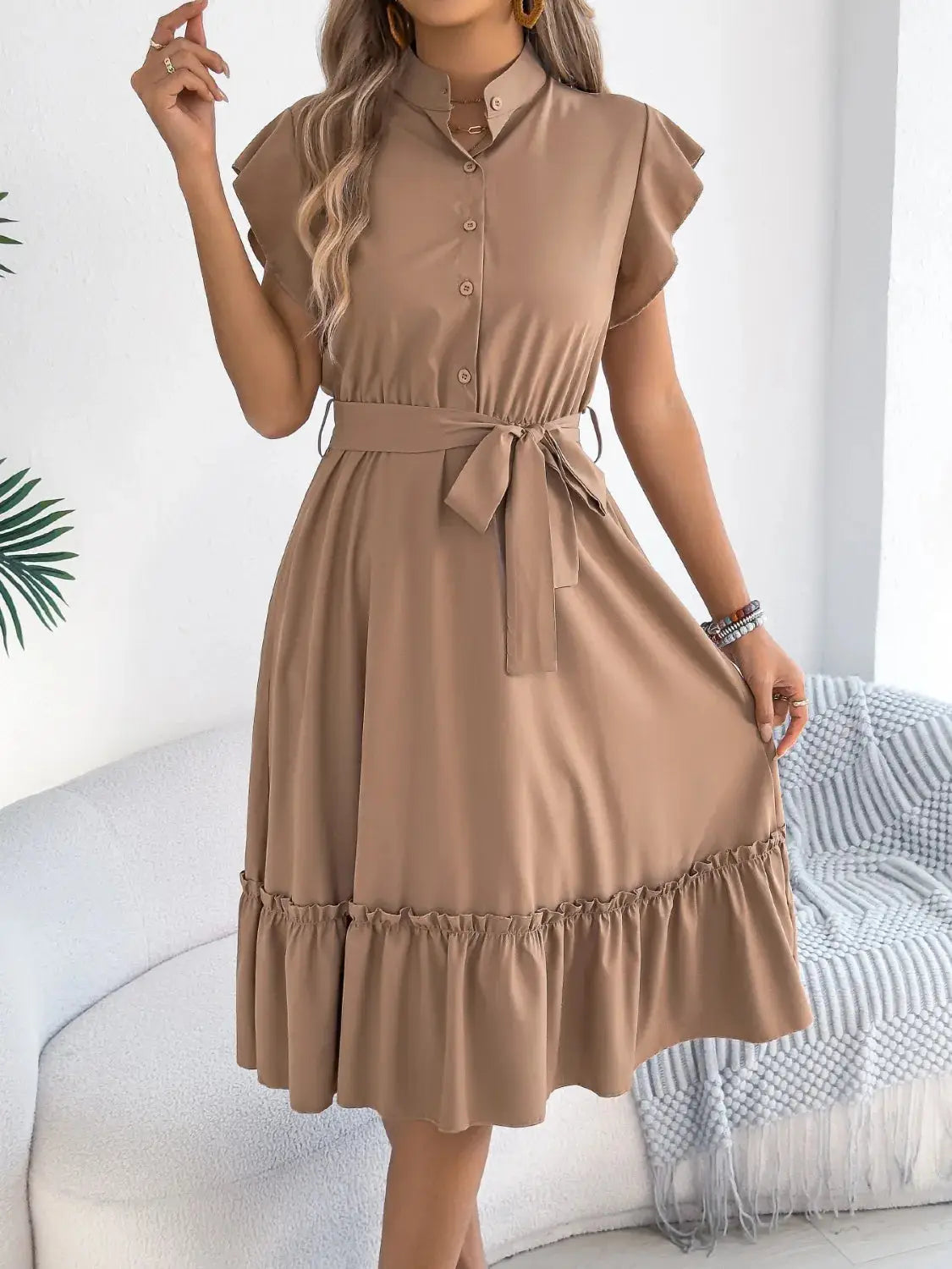 Tie Waist Ruffled Cap Sleeve Dress - Clothes For Her Online Store