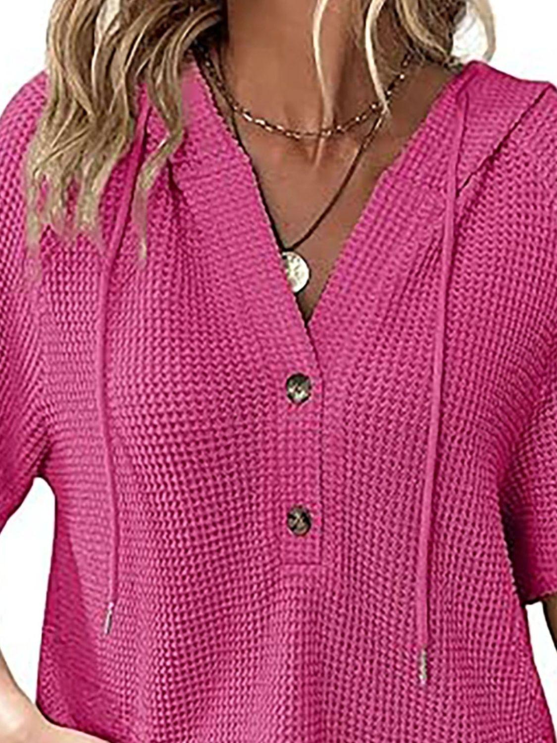 Waffle-Knit Hooded Short Sleeve Blouse - Clothes For Her Online Store