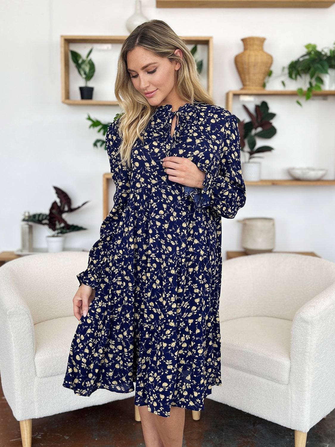 Double Take Full Size Printed Ruffle Hem Long Sleeve Tiered Dress - Clothes For Her Online Store