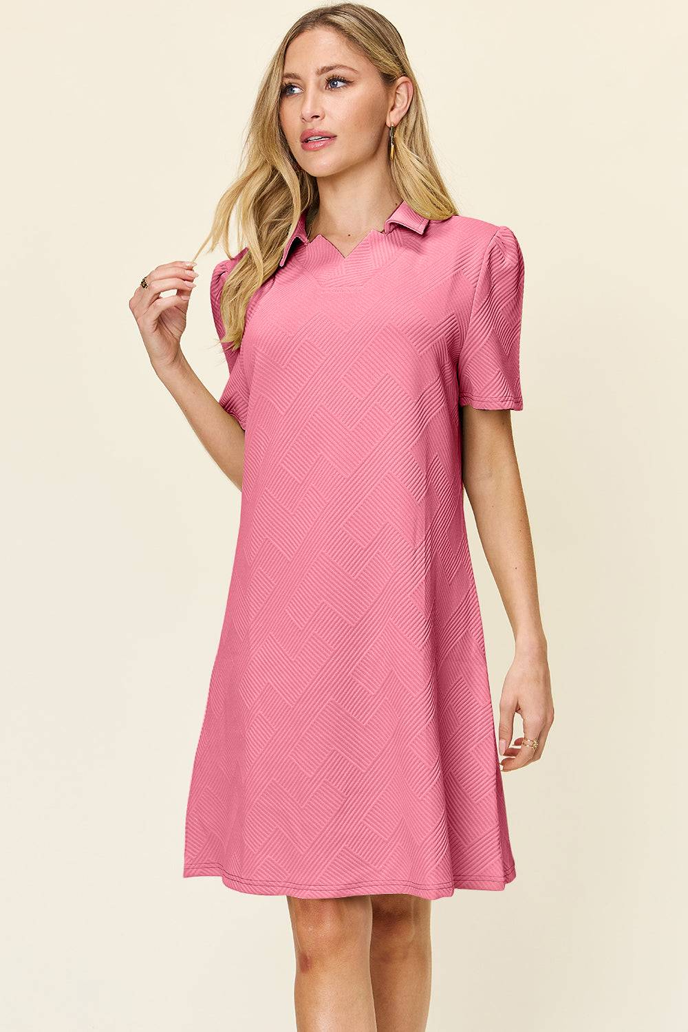 Double Take Full Size Texture Collared Neck Short Sleeve Dress - Clothes For Her Online Store