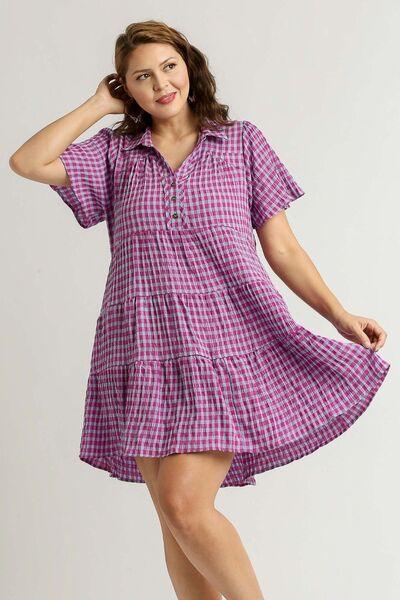 Umgee Full Size Gingham Tiered Button Detail Short Sleeve Dress Plus Size - Clothes For Her Online Store
