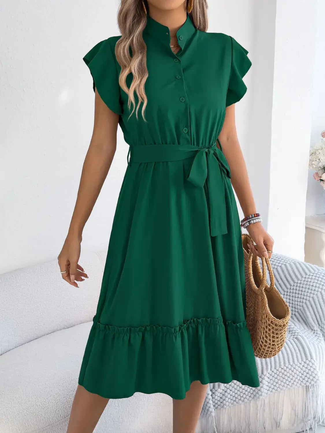Tie Waist Ruffled Cap Sleeve Dress - Clothes For Her Online Store