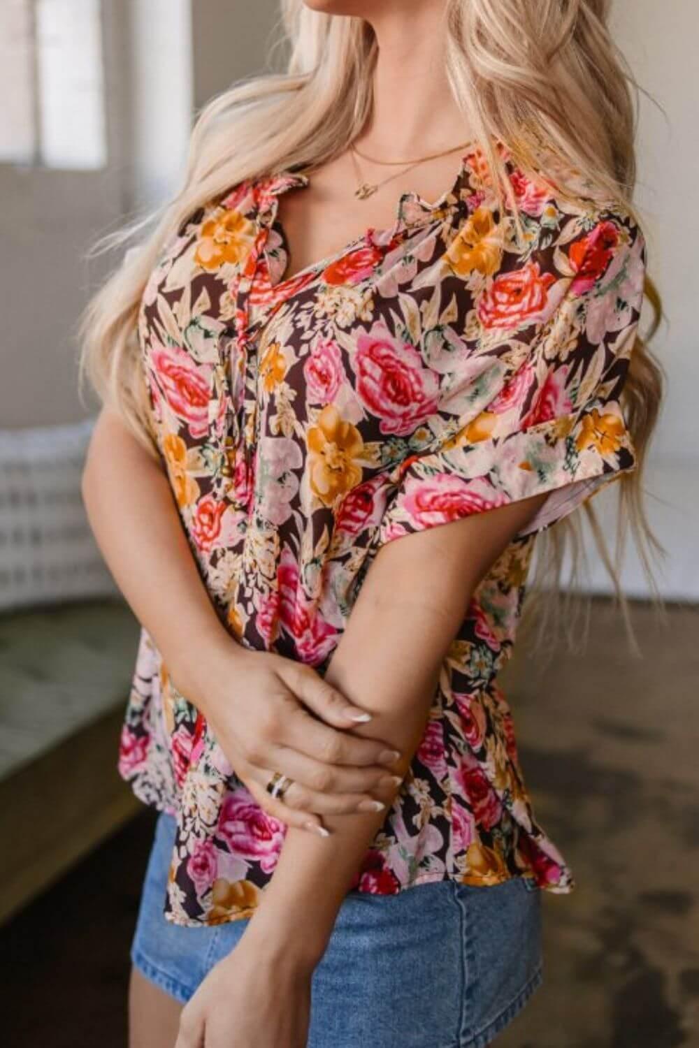 Floral Tie Neck Short Sleeve Blouse - Clothes For Her Online Store