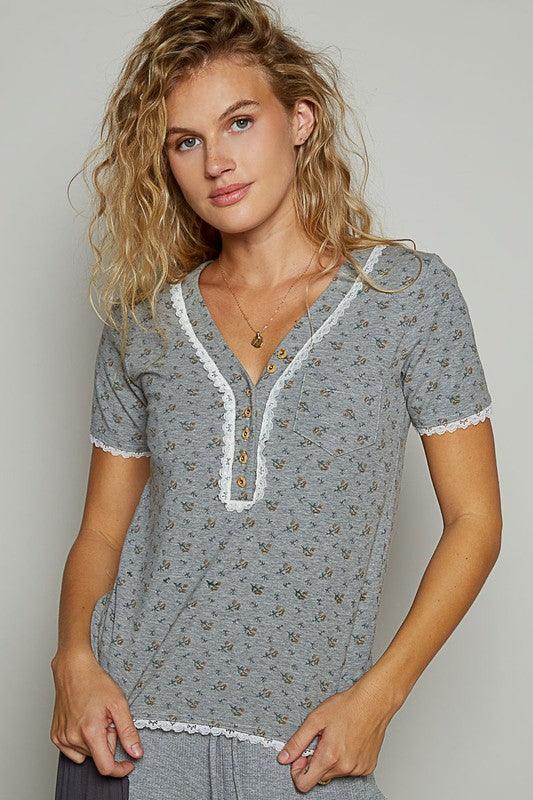 POL Lace Detail Floral V-Neck Button Detail Short Sleeve T-Shirt - Clothes For Her Online Store