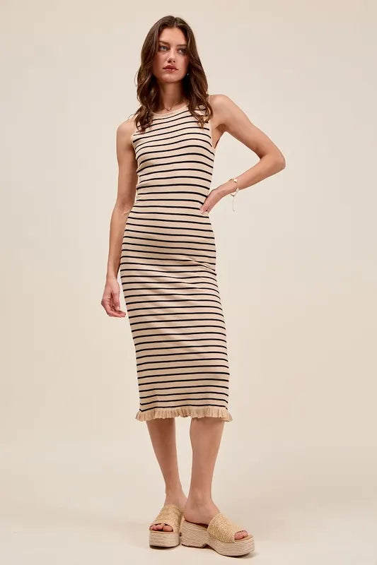 SO ME Stripe Sleeveless Sweater Knit Maxi Dress With Ruffled Hem
