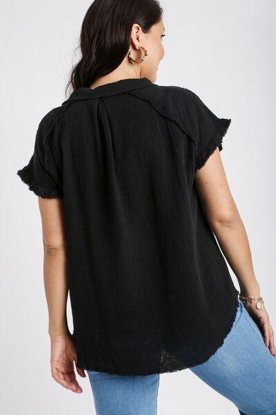 Umgee Full Size Frayed Hem Collared Neck Short Sleeve Shirt Plus Size - Clothes For Her Online Store