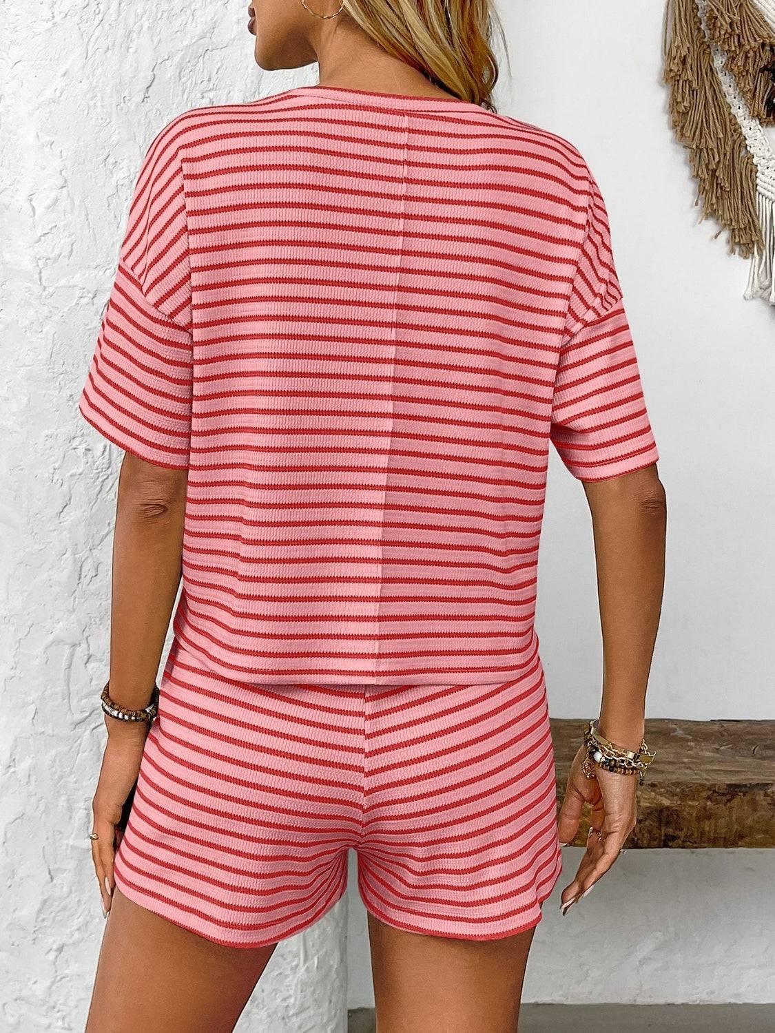 Striped Round Neck Short Sleeve Top and Shorts Set - Clothes For Her Online Store