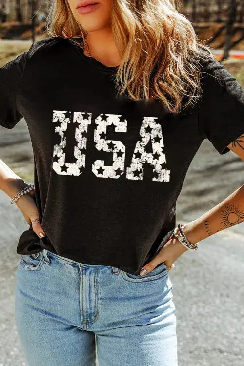 USA Round Neck Short Sleeve T-Shirt - Clothes For Her Online Store