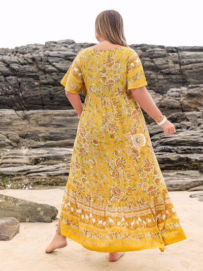 Plus Size Floral Tie Neck Flutter Sleeve Maxi Dress - Clothes For Her Online Store