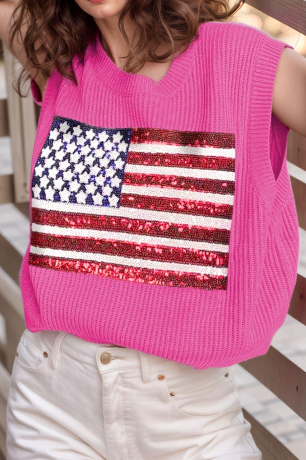 Sequin US Flag Round Neck Sweater Vest - Clothes For Her Online Store