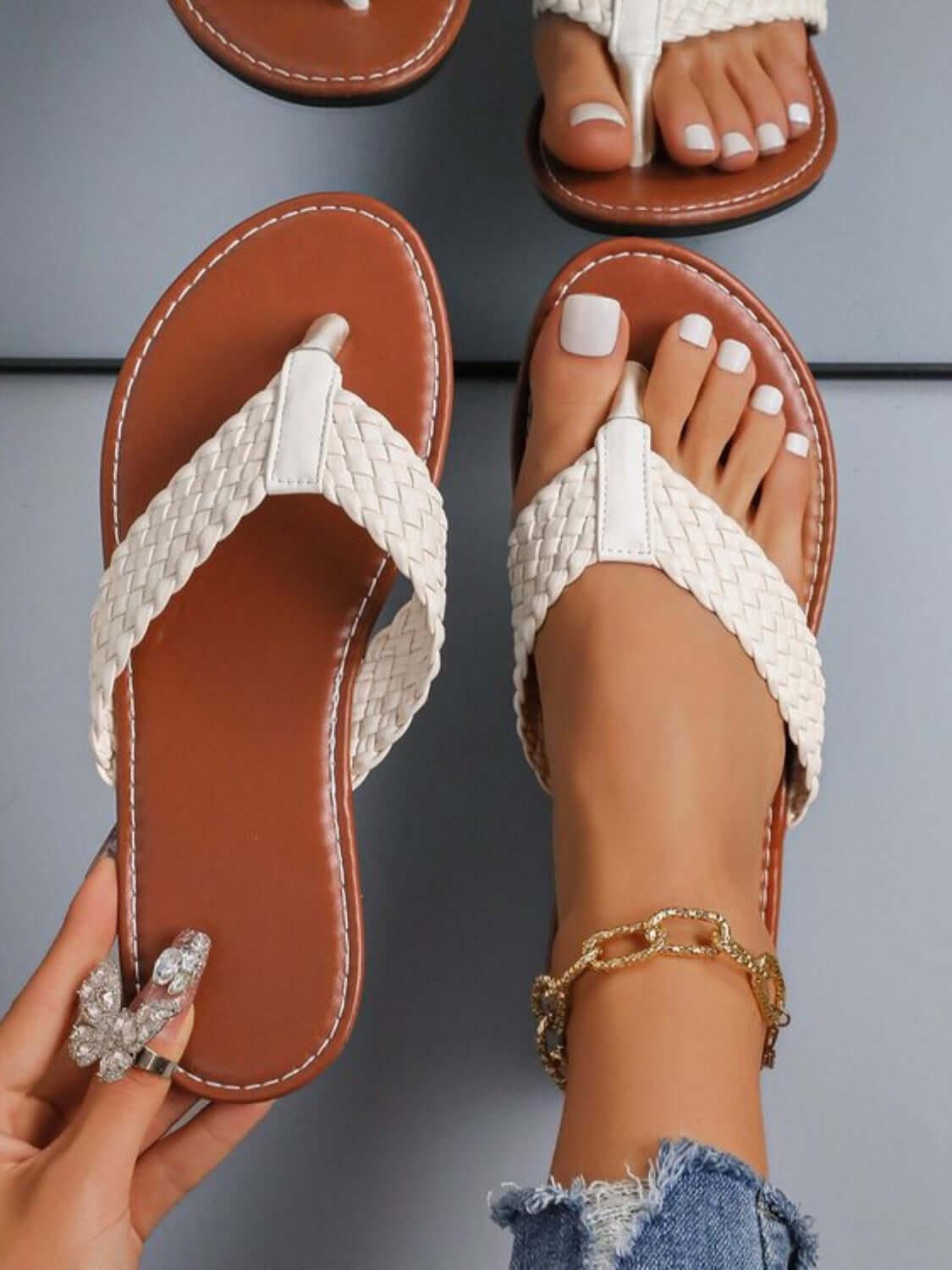 Braided Toe Post Flats Sandals - Clothes For Her Online Store