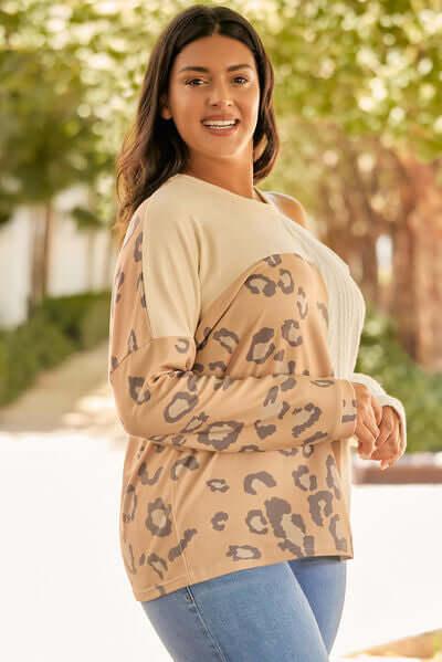Plus Size Leopard Color Block Long Sleeve T-Shirt - Clothes For Her Online Store