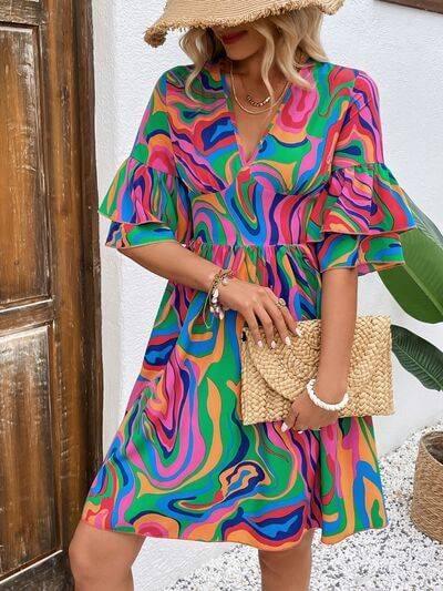Ruffled Printed V-Neck Half Sleeve Mini Dress - Clothes For Her Online Store
