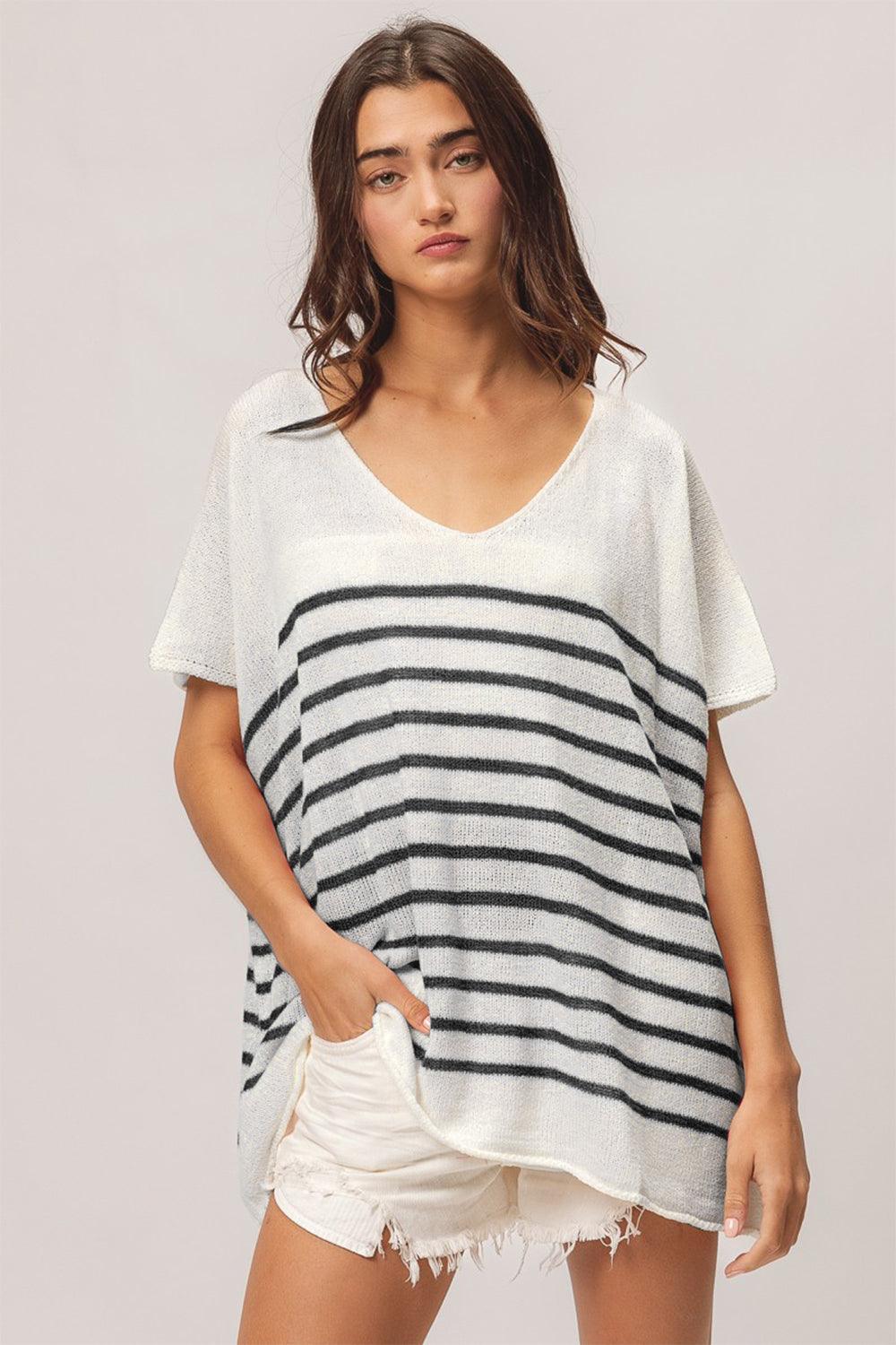 BiBi V Neck Striped Short Sleeve Top - Clothes For Her Online Store