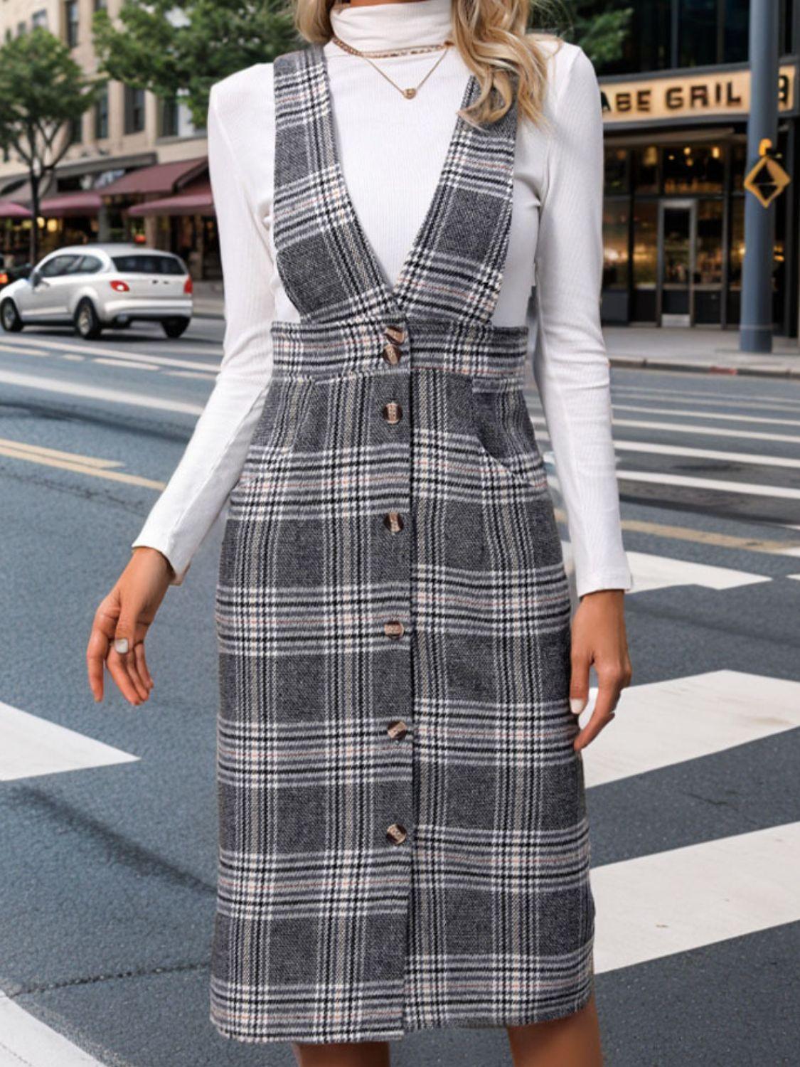 Perfee Pocketed Plaid Overall Dress - Clothes For Her Online Store