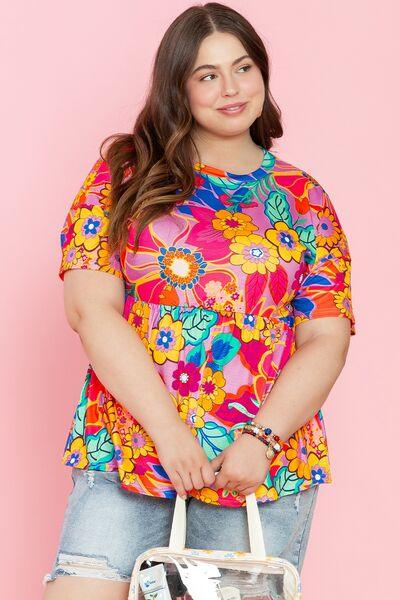 Plus Size Printed Round Neck Short Sleeve Top - Clothes For Her Online Store