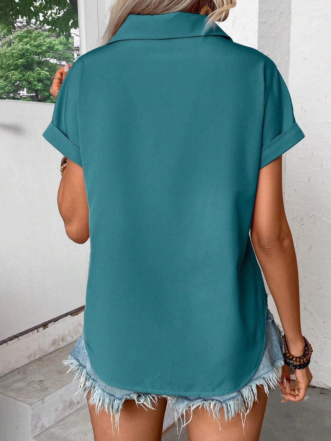 Pleated Detail Collared Neck Short Sleeve Shirt - Clothes For Her Online Store