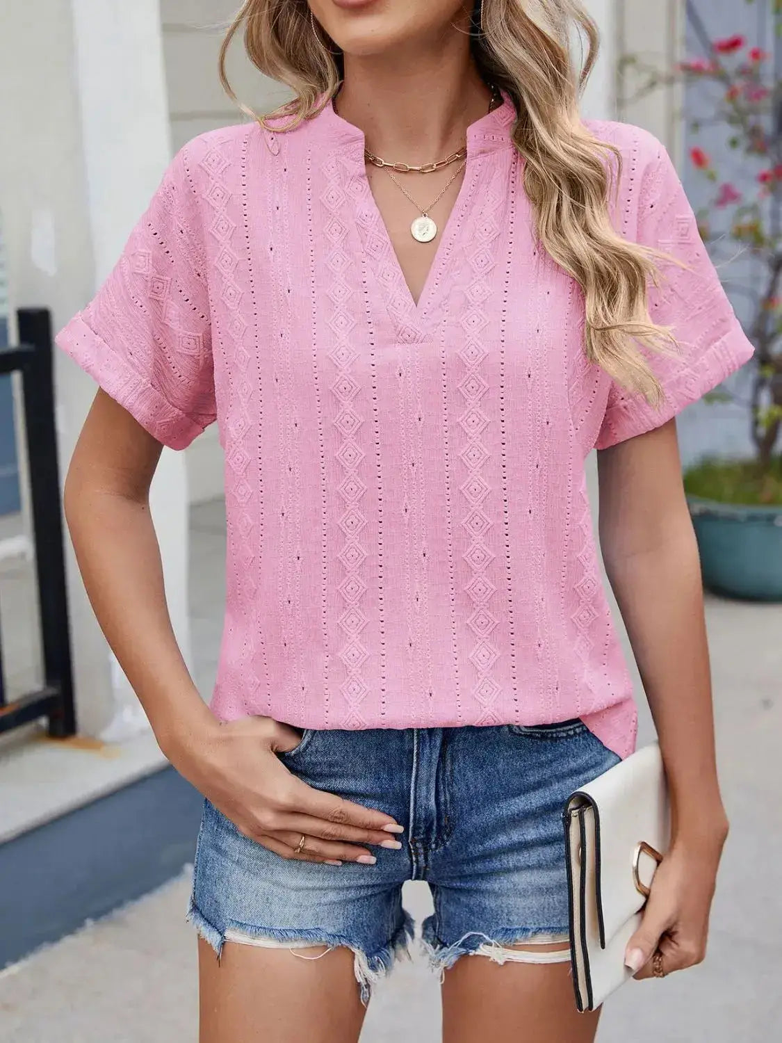 Eyelet Notched Short Sleeve Top - Clothes For Her Online Store