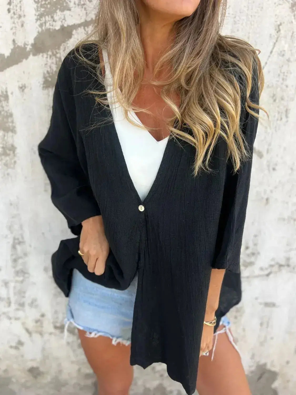 Full Size One Button Long Sleeve Shirt Plus Size - Clothes For Her Online Store