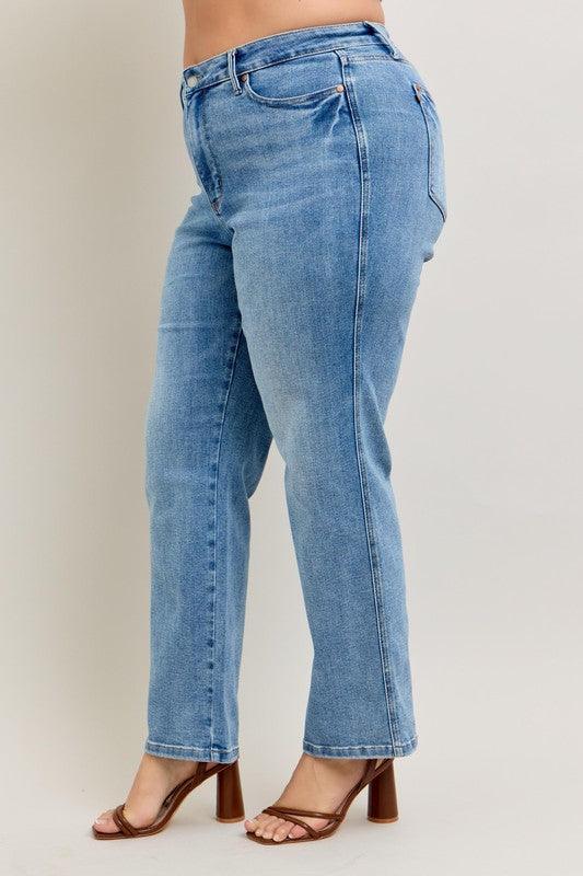 Judy Blue Full Size Tummy Control Vintage Wash Straight Jeans Plus Size - Clothes For Her Online Store