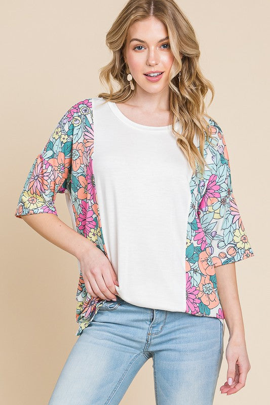 BOMBOM Floral Round Neck Half Sleeve T-Shirt - Clothes For Her Online Store