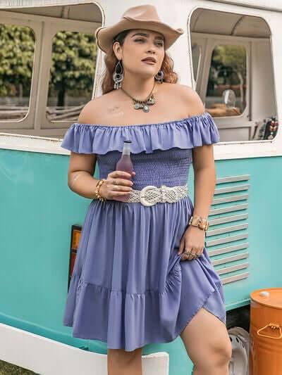 Plus Size Ruffled Smocked Off-Shoulder Mini Dress - Clothes For Her Online Store