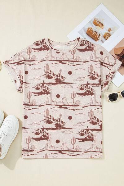 Printed Round Neck Short Sleeve T-Shirt - Clothes For Her Online Store