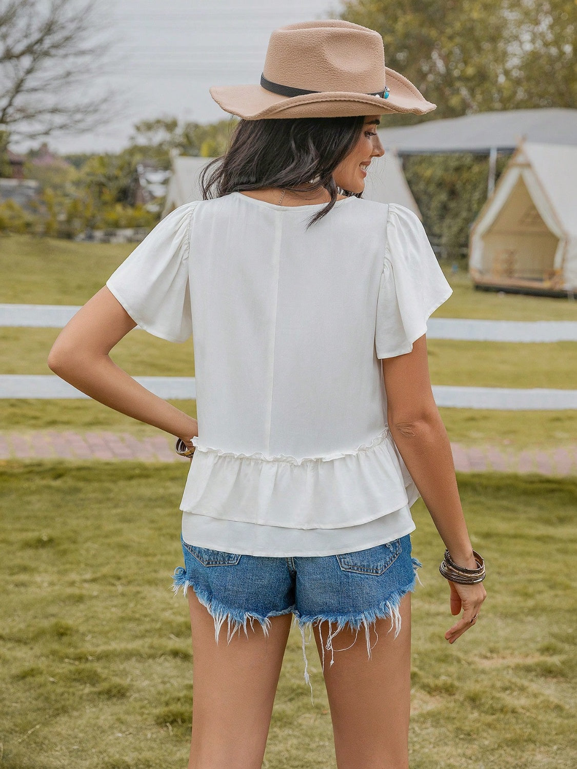 Layered Round Neck Flutter Sleeve Blouse