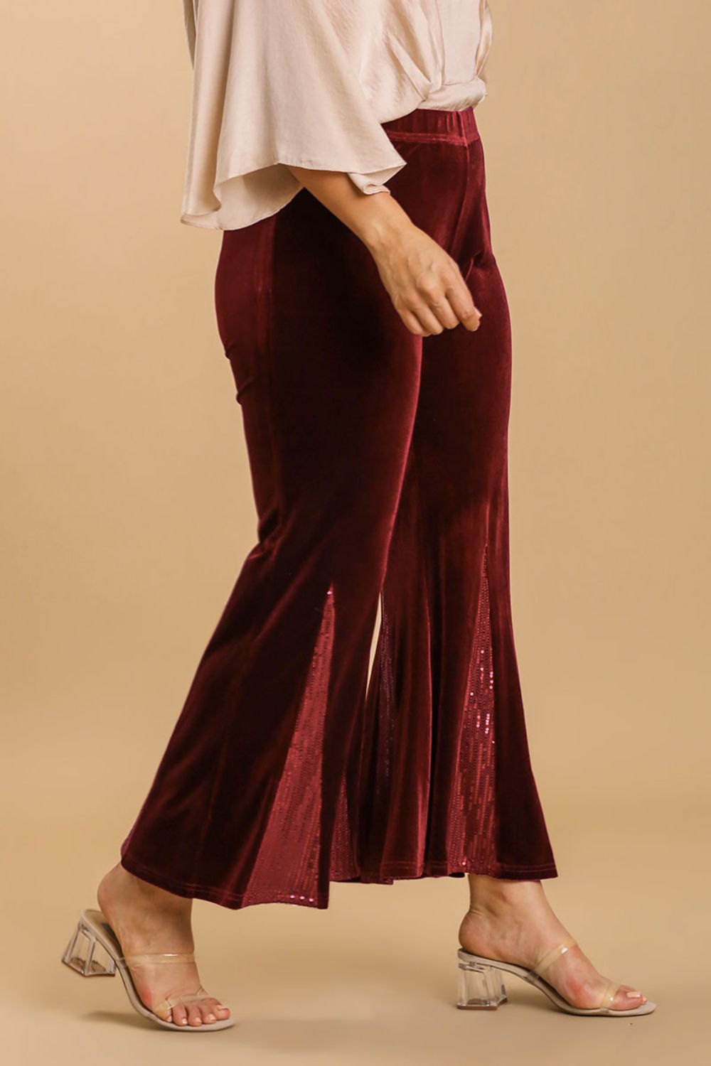 Umgee Full Size Sequin Elastic Waist Velvet Stretch Flare Leg Pants Plus Size - Clothes For Her Online Store