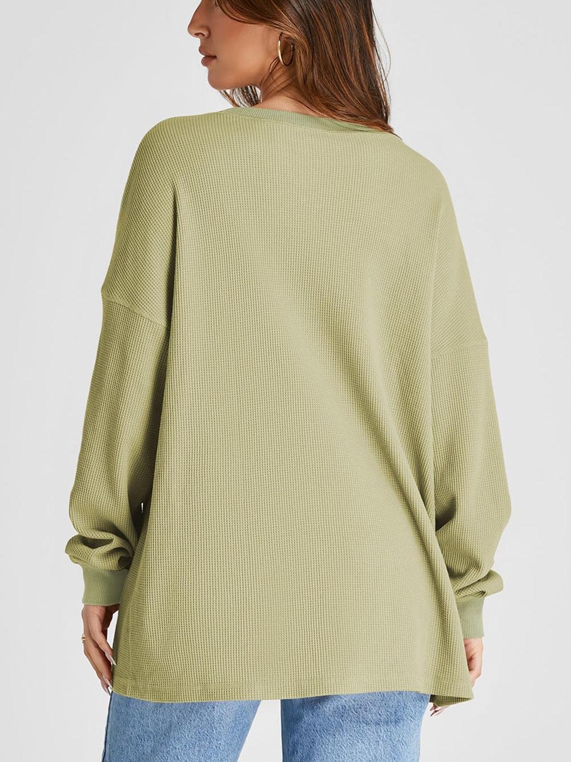 Waffle Knit Round Neck Long Sleeve T-Shirt - Clothes For Her Online Store