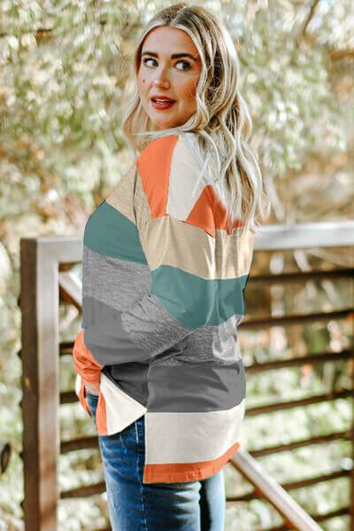 Plus Size Striped Slit Long Sleeve T-Shirt - Clothes For Her Online Store