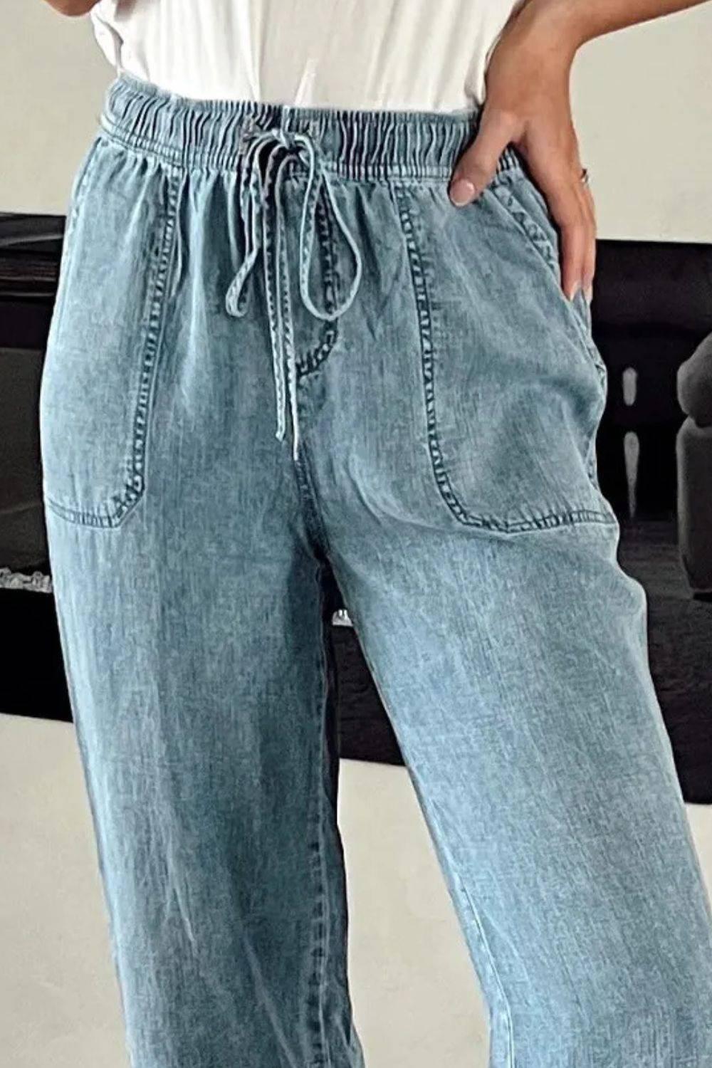Drawstring High Waist Jeans with Pockets - Clothes For Her Online Store