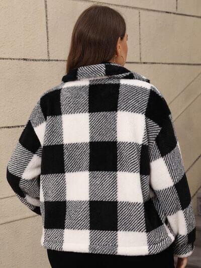 Plus Size Pocketed Plaid Collared Neck Jacket - Clothes For Her Online Store
