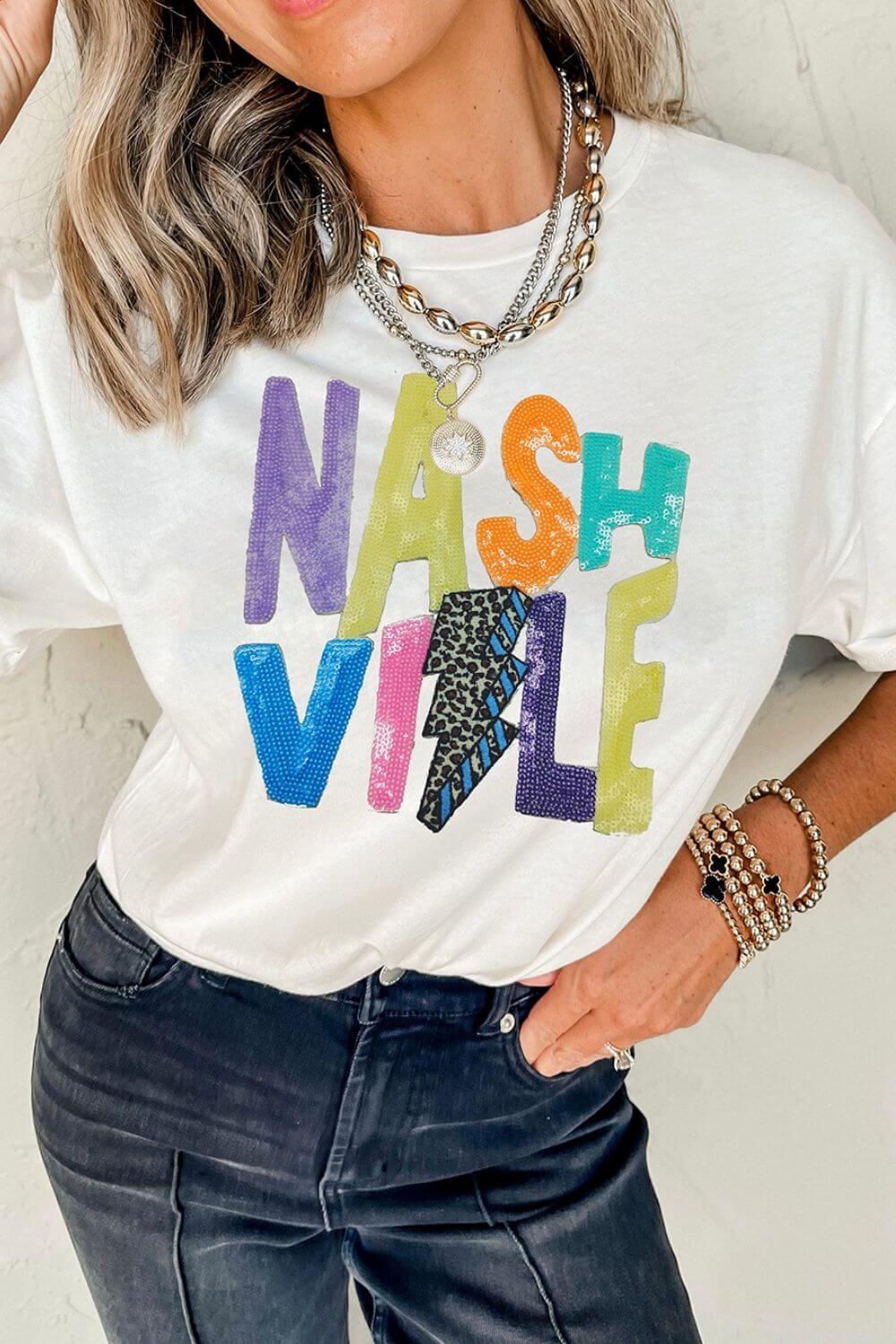 Lightening NASHVILLE Sequin Round Neck T-Shirt - Clothes For Her Online Store