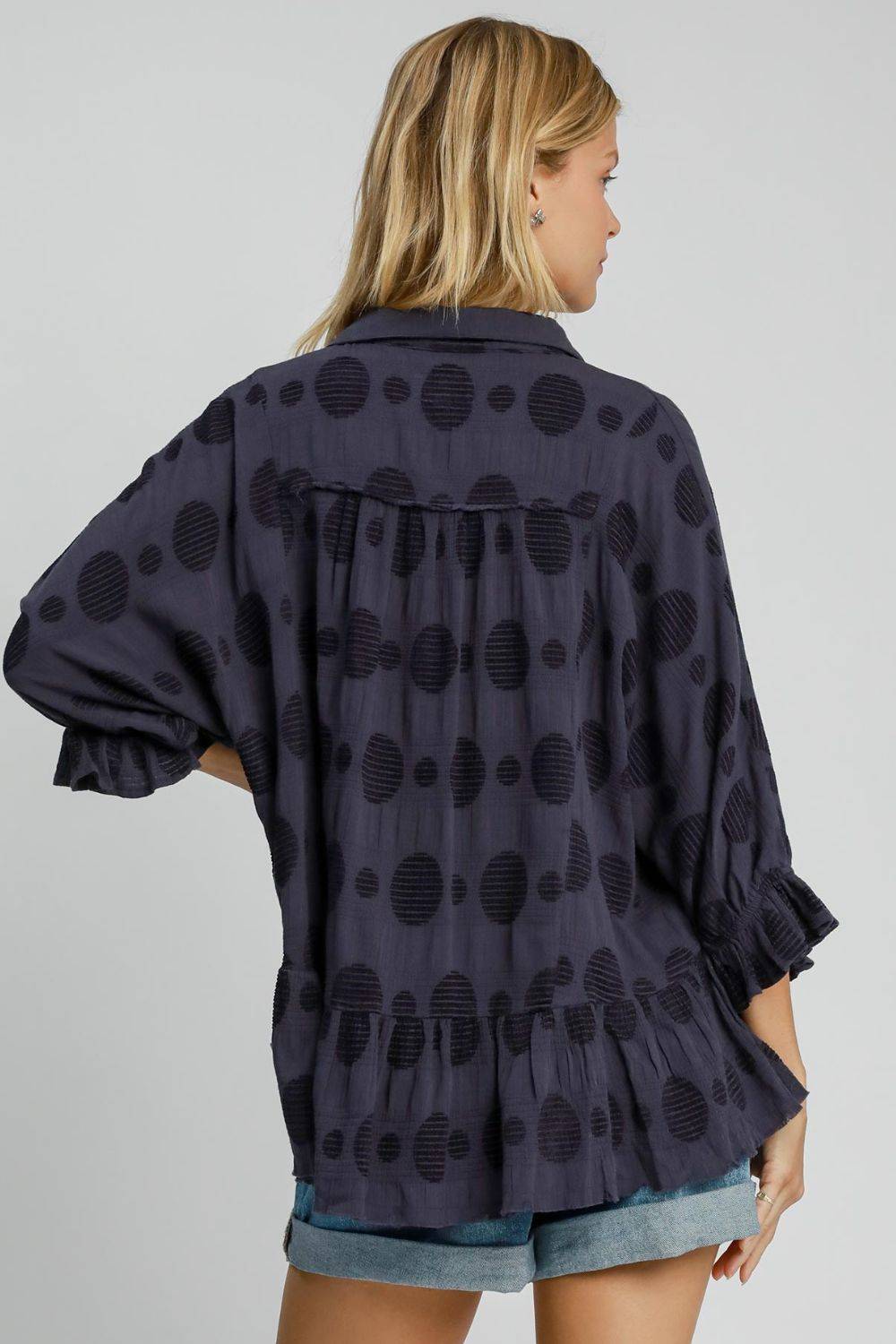 Umgee Full Size Swiss Dot Half Button Flounce Sleeve Blouse Plus Size - Clothes For Her Online Store