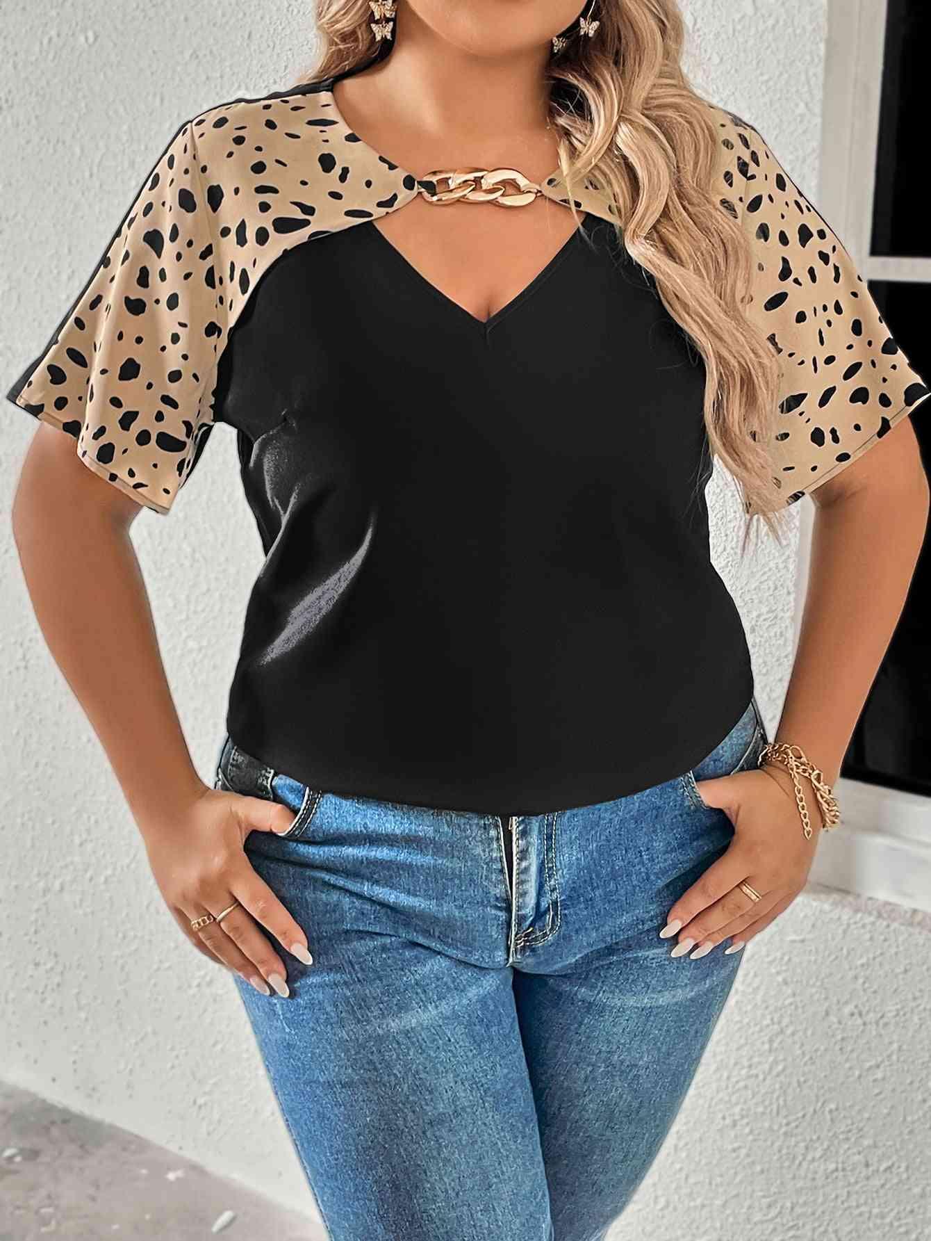Honey Plus Size Chain Detail V-Neck Raglan Sleeve Blouse - Clothes For Her Online Store