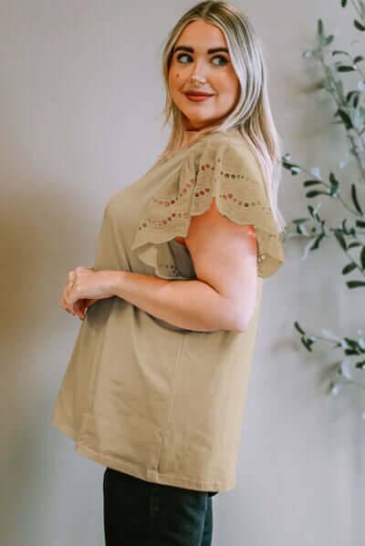 Plus Size Eyelet Round Neck Short Sleeve Blouse - Clothes For Her Online Store
