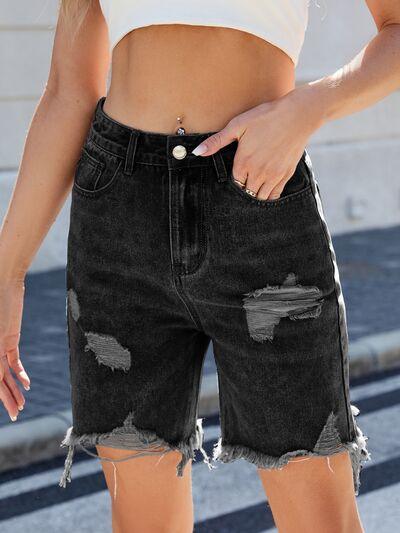 Distressed Raw Hem Denim Shorts - Clothes For Her Online Store
