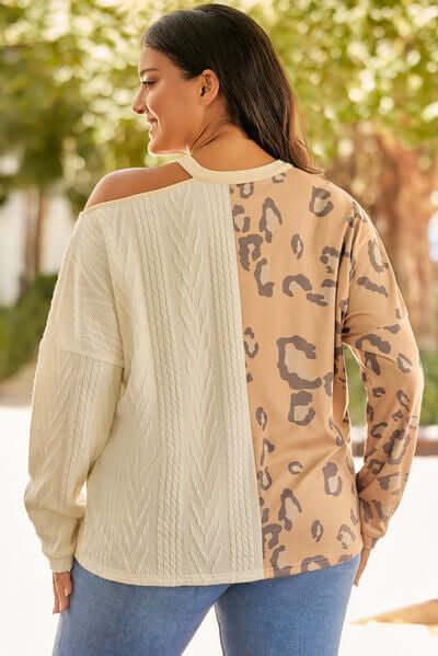 Plus Size Leopard Color Block Long Sleeve T-Shirt - Clothes For Her Online Store
