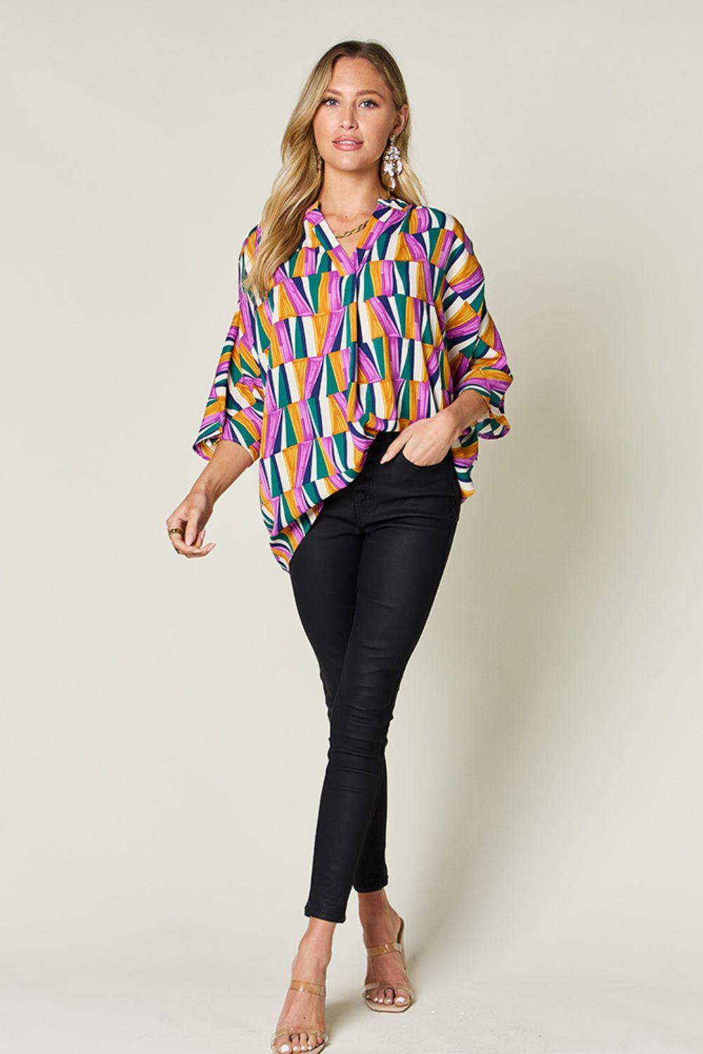 Double Take Full Size Geometric Notched Dolman Sleeve Top - Clothes For Her Online Store