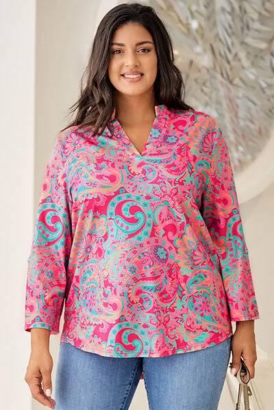 Plus Size Printed Notched Long Sleeve Blouse - Clothes For Her Online Store