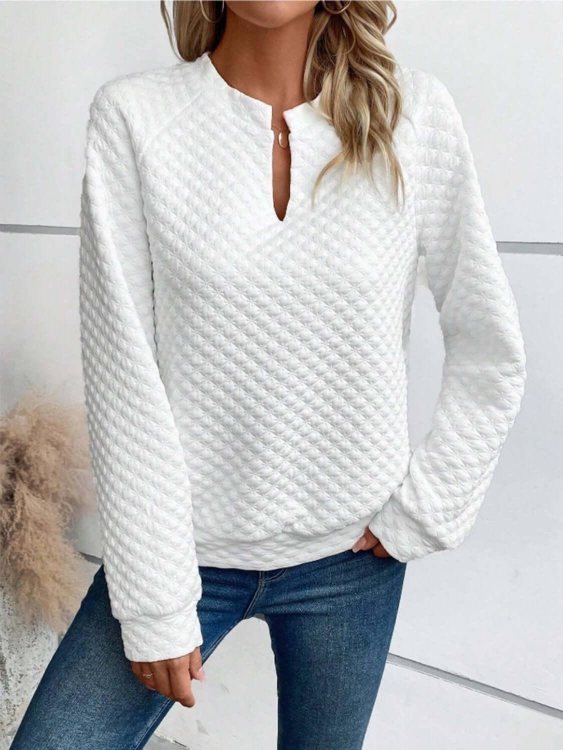 Notched Long Sleeve Sweatshirt - Clothes For Her Online Store