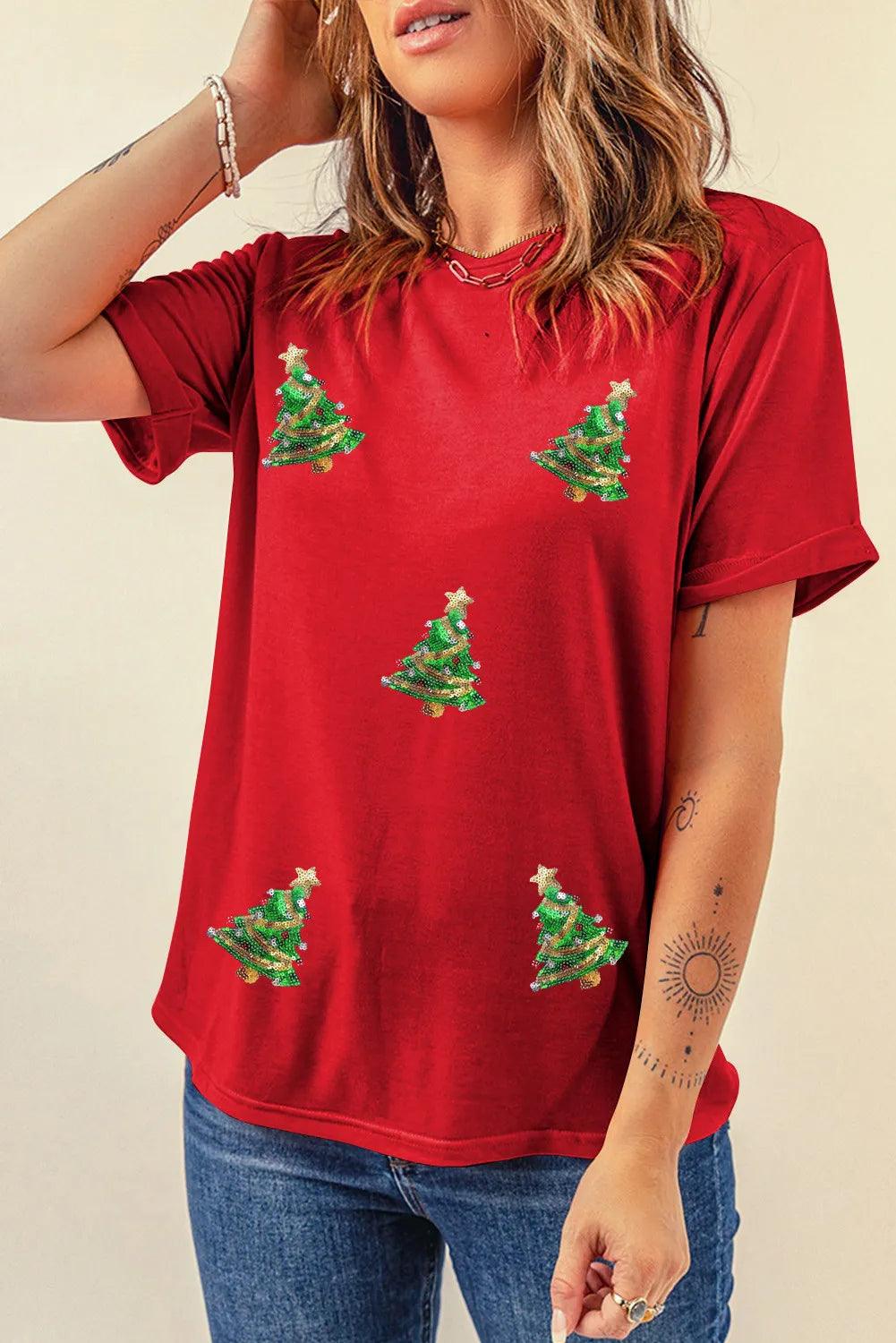 Sequin Christmas Tree Round Neck Short Sleeve T-Shirt - Clothes For Her Online Store