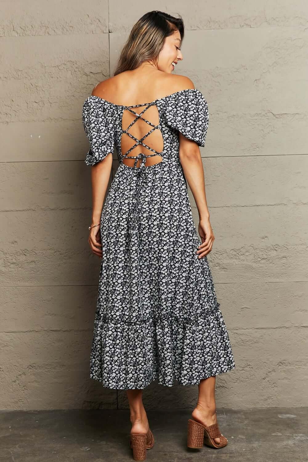 Perfee Floral Lace-Up Off-Shoulder Midi Dress - Clothes For Her Online Store