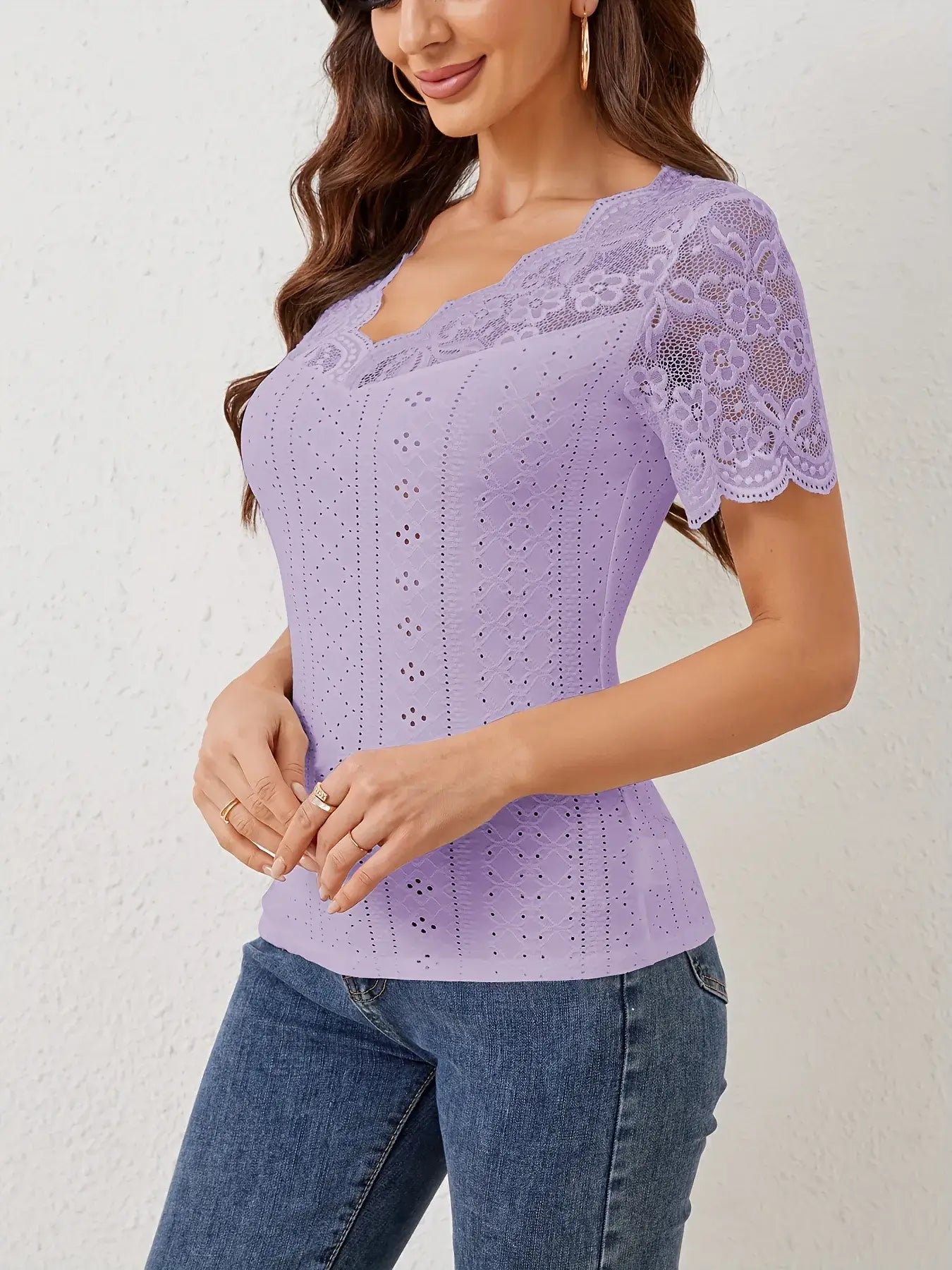 Lace Trim Eyelet Embroidered Summer T-Shirt