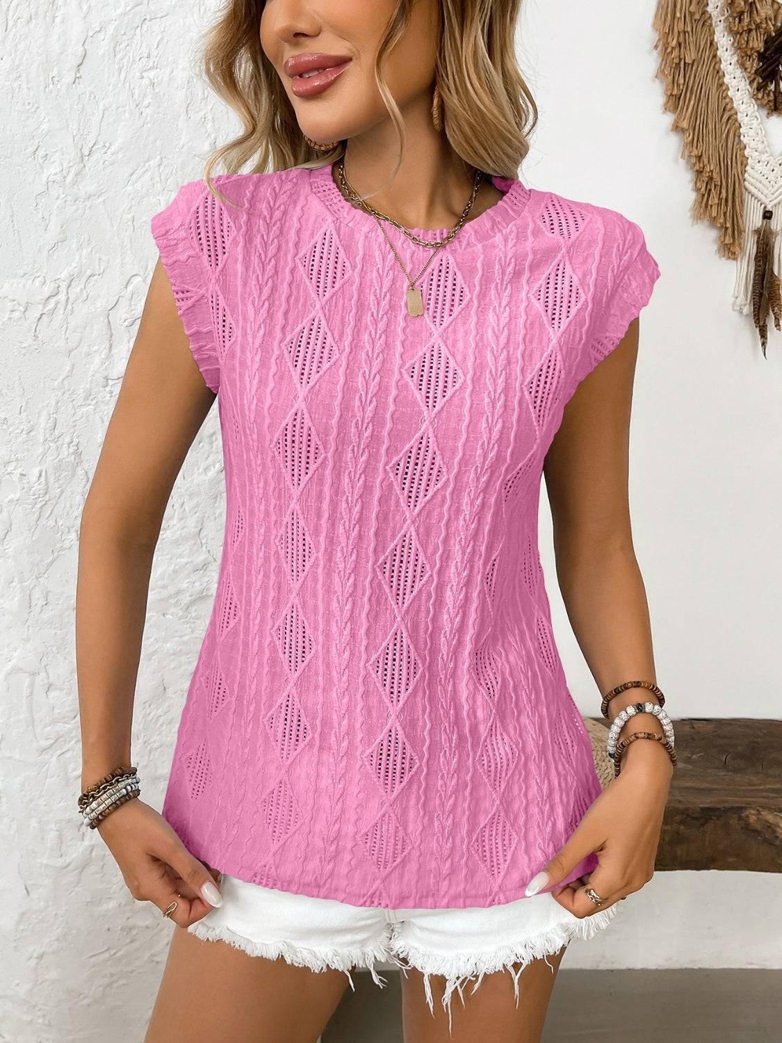 Eyelet Round Neck Cap Sleeve Top - Clothes For Her Online Store