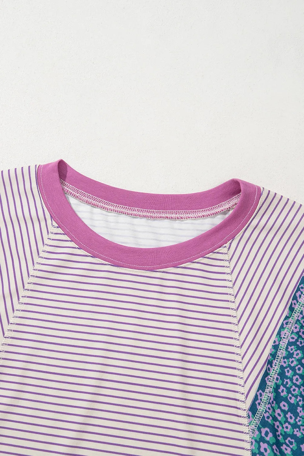 Stripe Floral Color Block Raw Edge Patchwork Top