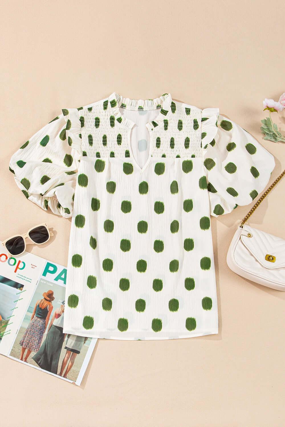 Polka Dot Shirred Yoke Notched Neck Puff Sleeve Blouse - Clothes For Her Online Store